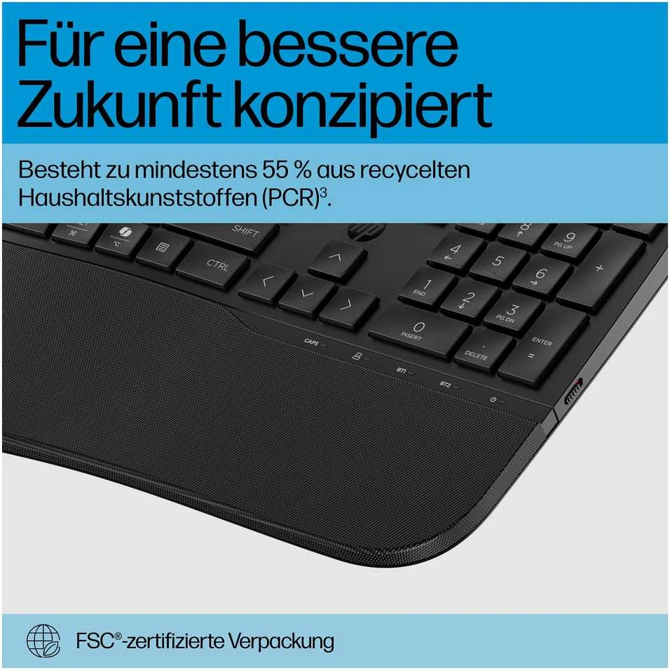 HP 685 Comfort belaidis „Bluetooth“ bangų formos klaviatūra su delno atrama - dviejų režimų, dezinfekuojamas, programuojamas, reguliuojamo kampo, pakreipimo, atsparus išsiliejimui - Juodas - US ENG