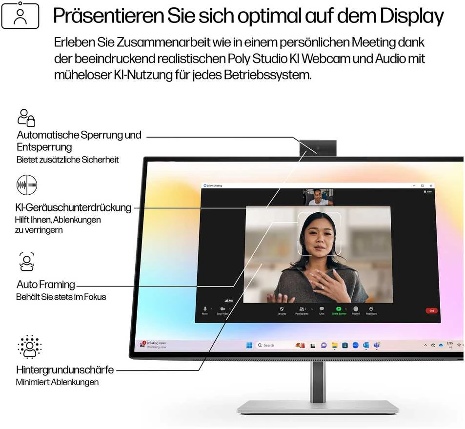 HP 727pm Series 7 Pro 4K Conferencing Monitorius – 27 colių 3840x2160 UHD 400 nitų 60Hz AG, IPS Juodas HDR 400, USB-C(100W/15W)/HDMI/DisplayPort Daisy-Chain, žiniatinklio garsiakalbiai, 5x, USB-5 RJ-45 LAN, reguliuojamas aukštis/pakreipimas/sukamas/sukamas, 3 metai