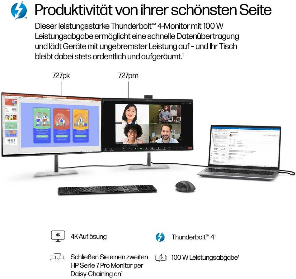 HP 727pm Series 7 Pro 4K Conferencing Monitorius – 27 colių 3840x2160 UHD 400 nitų 60Hz AG, IPS Juodas HDR 400, USB-C(100W/15W)/HDMI/DisplayPort Daisy-Chain, žiniatinklio garsiakalbiai, 5x, USB-5 RJ-45 LAN, reguliuojamas aukštis/pakreipimas/sukamas/sukamas, 3 metai