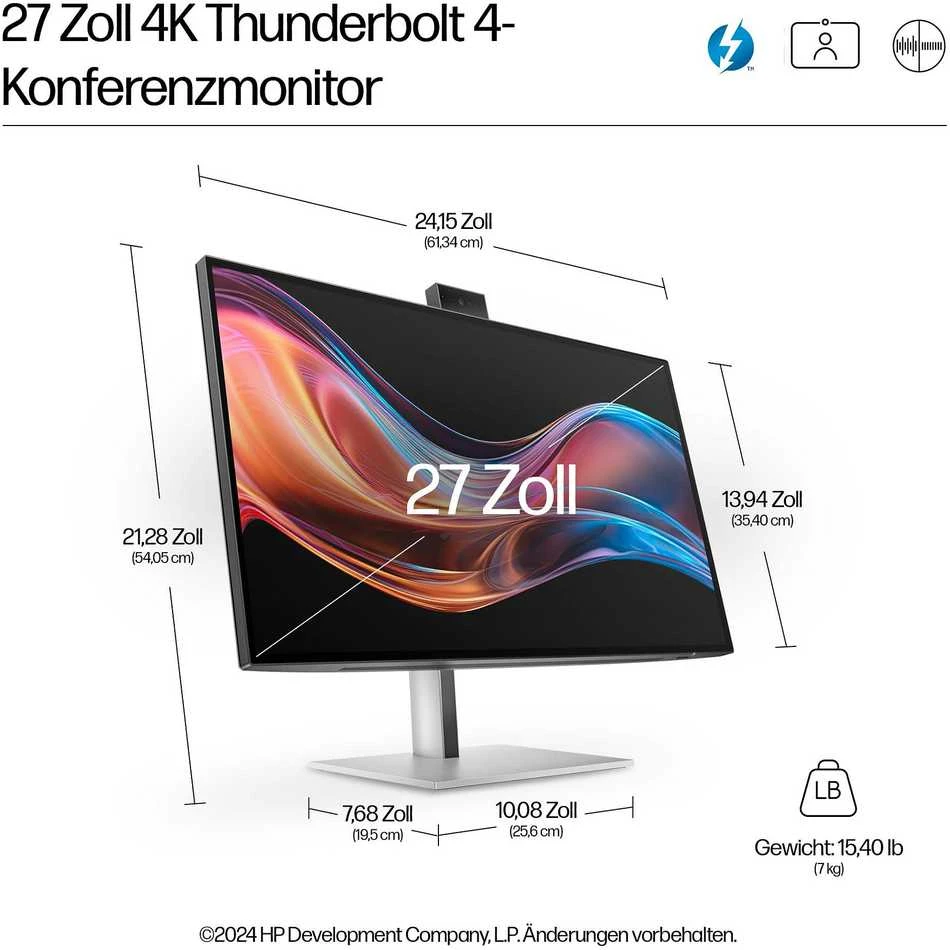 HP 727pm Series 7 Pro 4K Conferencing Monitorius – 27 colių 3840x2160 UHD 400 nitų 60Hz AG, IPS Juodas HDR 400, USB-C(100W/15W)/HDMI/DisplayPort Daisy-Chain, žiniatinklio garsiakalbiai, 5x, USB-5 RJ-45 LAN, reguliuojamas aukštis/pakreipimas/sukamas/sukamas, 3 metai