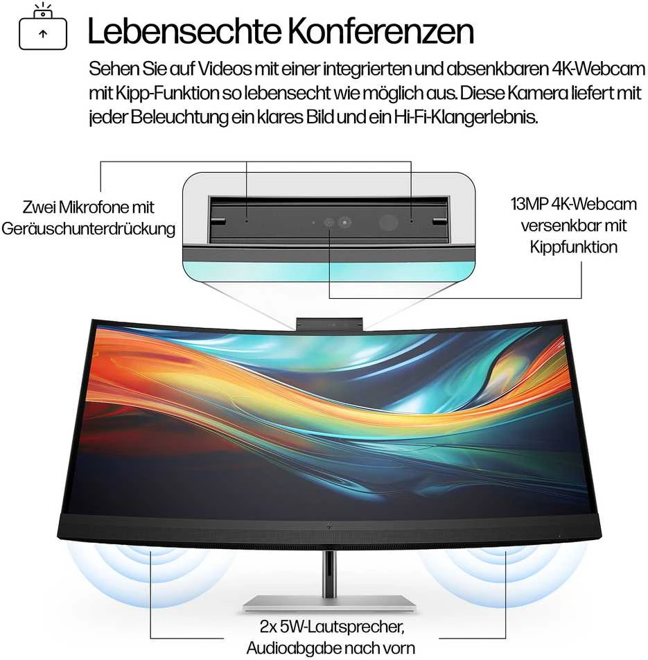 Hewlett Packard (HP) HP 740pm Series 7 Pro 5K Curved Conferencing Monitorius – 39,7 colio 5120 x 2160 WUHD 300 nitų 60 Hz AG, lenktas, IPS, 2 x USB-C (100 W)/HDMI/DisplayPort, 4 x USB-A, žiniatinklio kamera, R13-5 MP4 , reguliuojamo aukščio / pakreipimo / pasukimo, 3 metai (pakeičia Z40c G3)