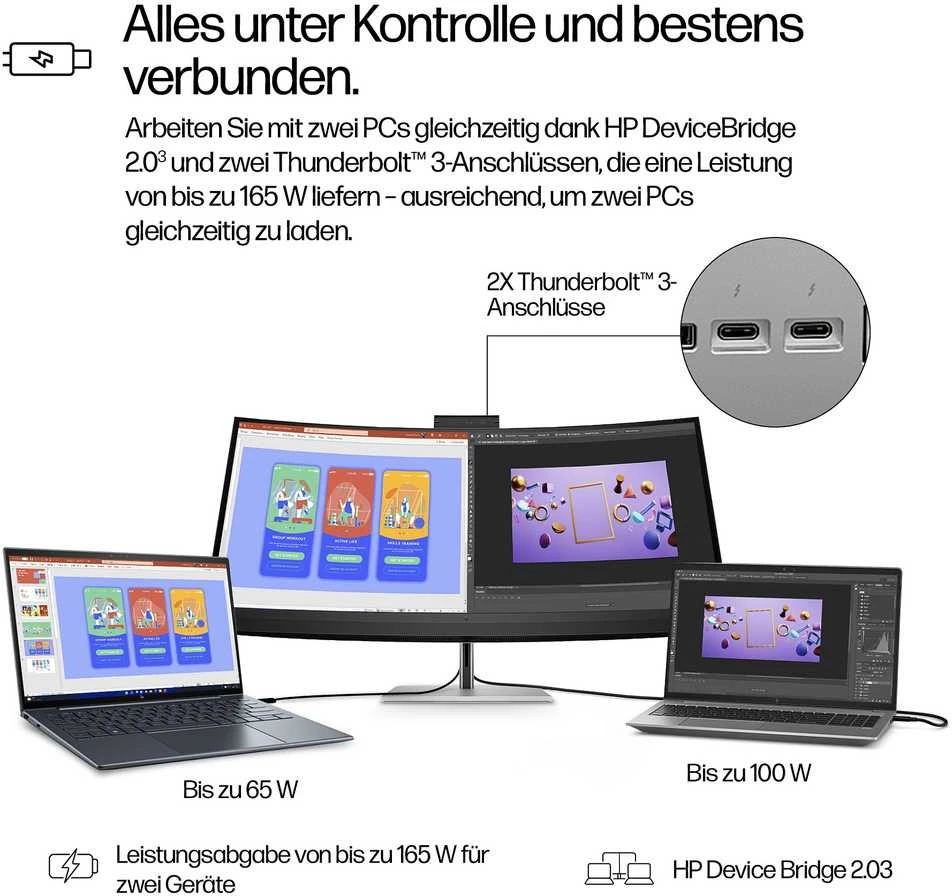 Hewlett Packard (HP) HP 740pm Series 7 Pro 5K Curved Conferencing Monitorius – 39,7 colio 5120 x 2160 WUHD 300 nitų 60 Hz AG, lenktas, IPS, 2 x USB-C (100 W)/HDMI/DisplayPort, 4 x USB-A, žiniatinklio kamera, R13-5 MP4 , reguliuojamo aukščio / pakreipimo / pasukimo, 3 metai (pakeičia Z40c G3)
