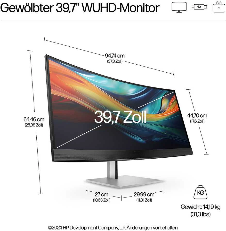Hewlett Packard (HP) HP 740pm Series 7 Pro 5K Curved Conferencing Monitorius – 39,7 colio 5120 x 2160 WUHD 300 nitų 60 Hz AG, lenktas, IPS, 2 x USB-C (100 W)/HDMI/DisplayPort, 4 x USB-A, žiniatinklio kamera, R13-5 MP4 , reguliuojamo aukščio / pakreipimo / pasukimo, 3 metai (pakeičia Z40c G3)