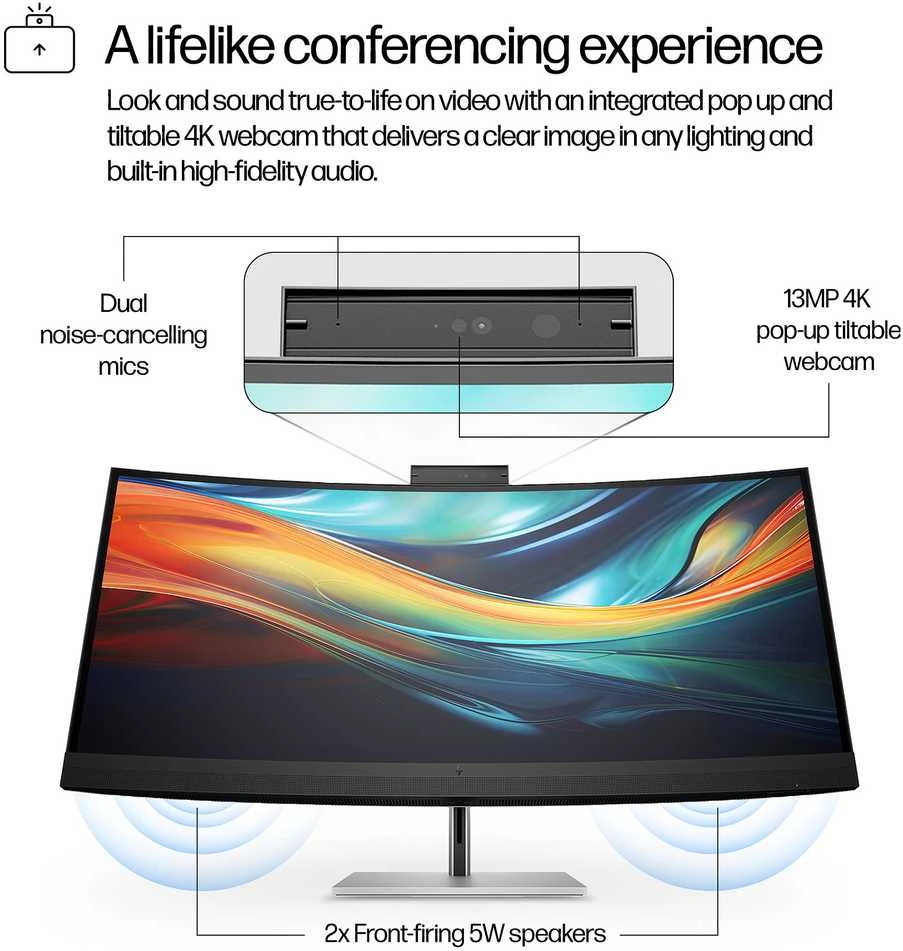 Hewlett Packard (HP) HP 740pm Series 7 Pro 5K Curved Conferencing Monitorius – 39,7 colio 5120 x 2160 WUHD 300 nitų 60 Hz AG, lenktas, IPS, 2 x USB-C (100 W)/HDMI/DisplayPort, 4 x USB-A, žiniatinklio kamera, R13-5 MP4 , reguliuojamo aukščio / pakreipimo / pasukimo, 3 metai (pakeičia Z40c G3)