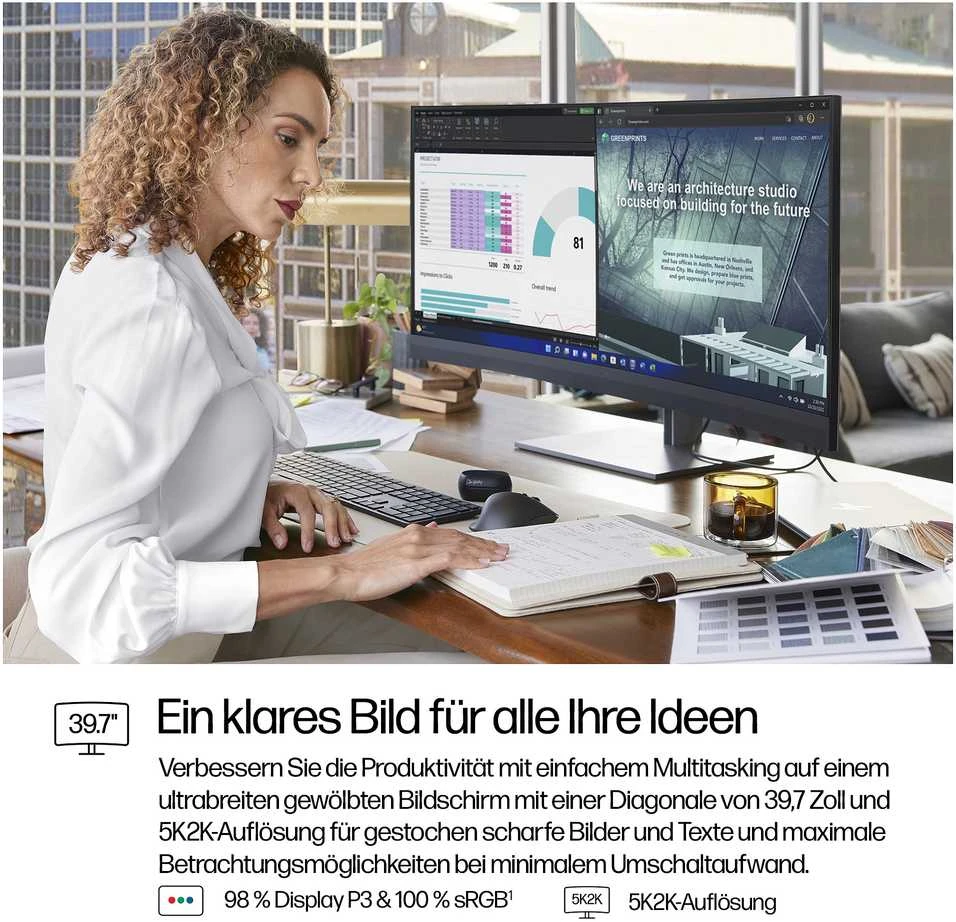 Hewlett Packard (HP) HP 740pm Series 7 Pro 5K Curved Conferencing Monitorius – 39,7 colio 5120 x 2160 WUHD 300 nitų 60 Hz AG, lenktas, IPS, 2 x USB-C (100 W)/HDMI/DisplayPort, 4 x USB-A, žiniatinklio kamera, R13-5 MP4 , reguliuojamo aukščio / pakreipimo / pasukimo, 3 metai (pakeičia Z40c G3)