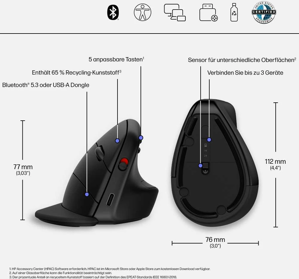 Hewlett Packard (HP) HP 925 Ergonomic Vertical Wireless Bluetooth Pelė - Detachable Riešo atrama, Multi-Surface - Juodas