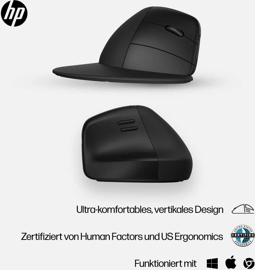 Hewlett Packard (HP) HP 925 Ergonomic Vertical Wireless Bluetooth Pelė - Detachable Riešo atrama, Multi-Surface - Juodas