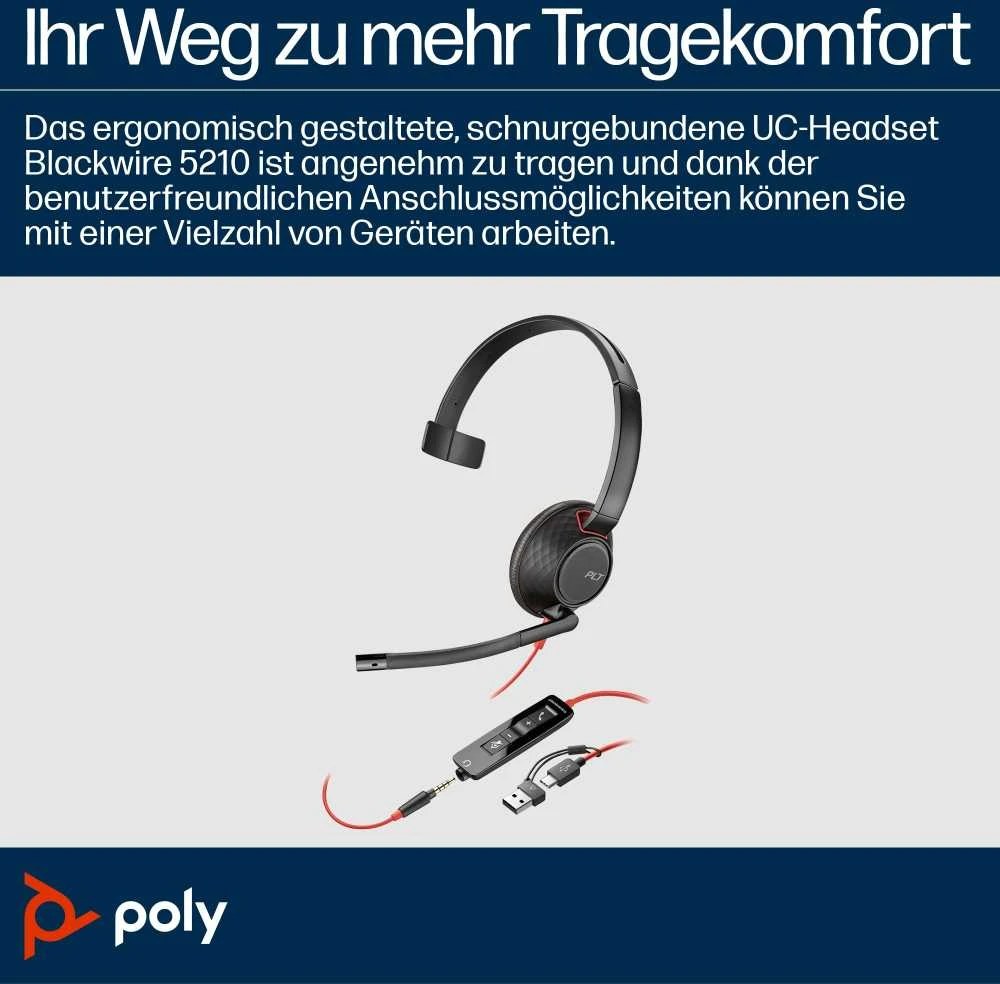 Hewlett Packard (HP) Ausinės - HP Poly Blackwire 5210 Ergonominės Triukšmo Mažinimo 2-7m Kabelis Juodas