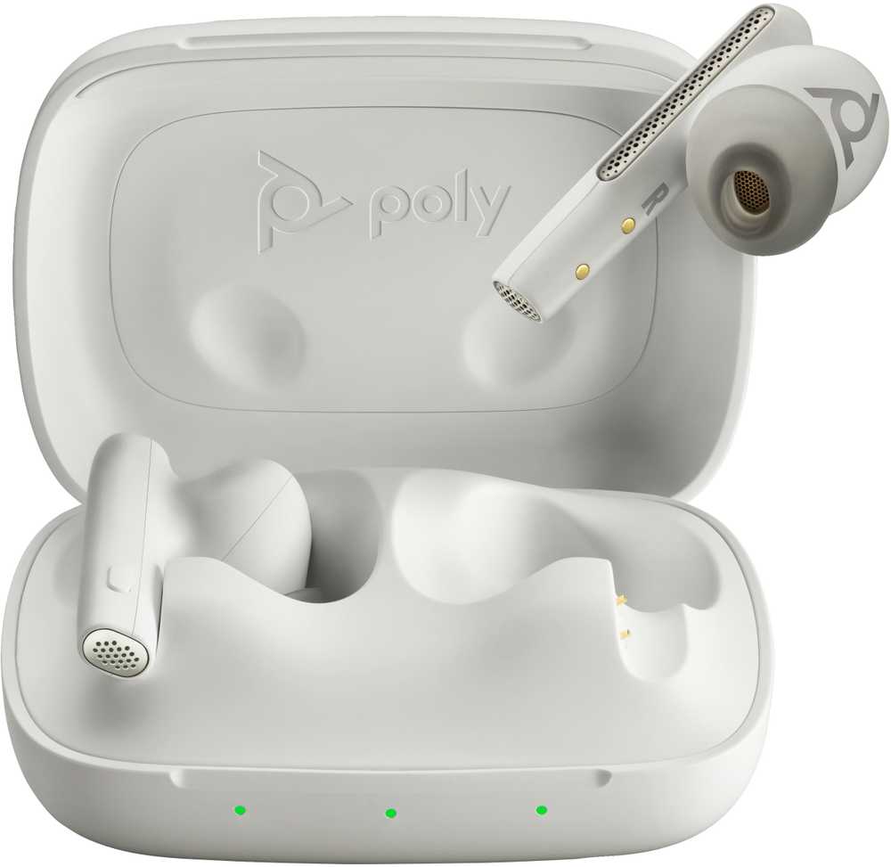 Hewlett Packard (HP) Poly Voyager Free 60 Bluetooth ausinės, BT700 USB-C adapteris, įkrovimo dėklas, baltas
