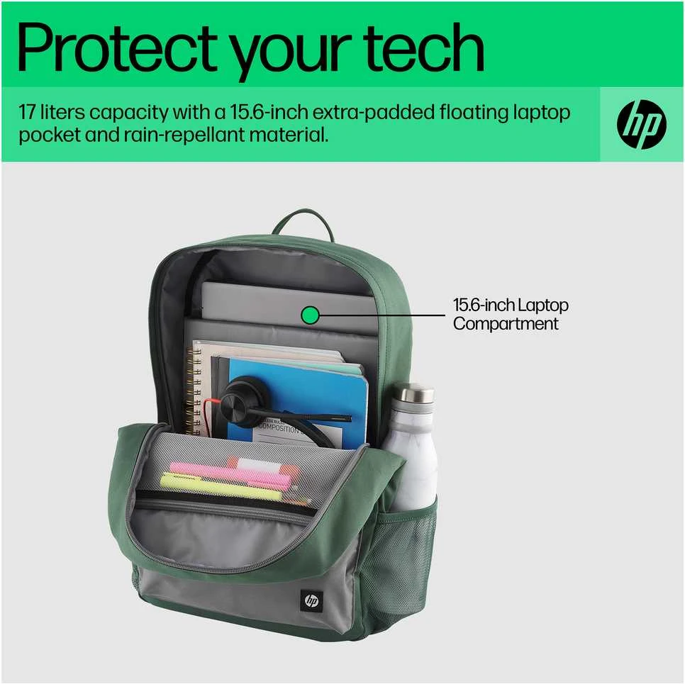 Hewlett Packard (HP) HP Campus 15.6 Backpack - 17 Liter Capacity - Žalias, Light Pilkas