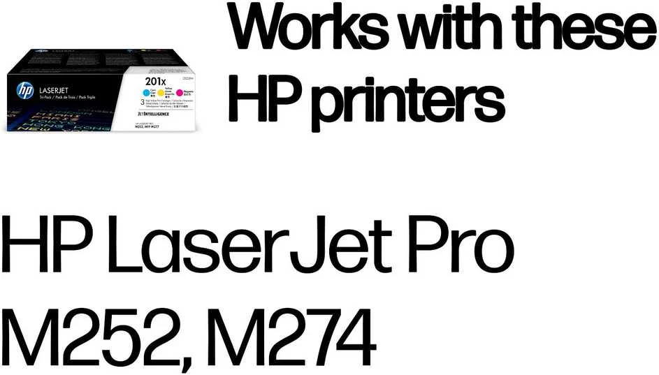 „Hewlett Packard“ (HP) HP 201X originalios „LaserJet“ dažų kasetės, žydros / rausvai raudonos / „Geltona High Yield“ (3 pakuotės)