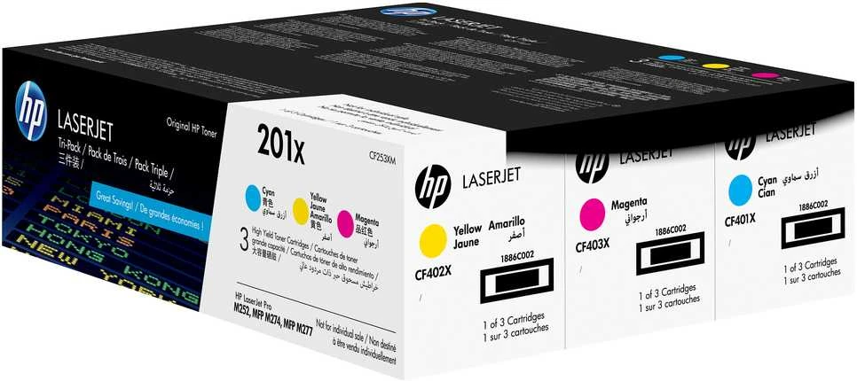 „Hewlett Packard“ (HP) HP 201X originalios „LaserJet“ dažų kasetės, žydros / rausvai raudonos / „Geltona High Yield“ (3 pakuotės)