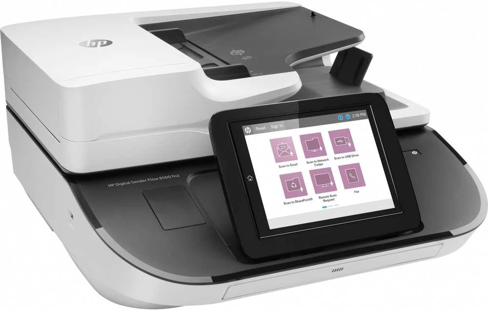 Skeneris Hewlett Packard (HP) HP Digital Sender Flow 8500 fn2 skaitytuvas / dokumentų darbo stotis – A3 spalvotas 600 dpi, plokščias / lapų tiekimo nuskaitymas, automatinis dokumentų tiektuvas, automatinis dvipusis, OCR / nuskaitymas į tekstą, 100 ppm, 10 000 puslapių per dieną