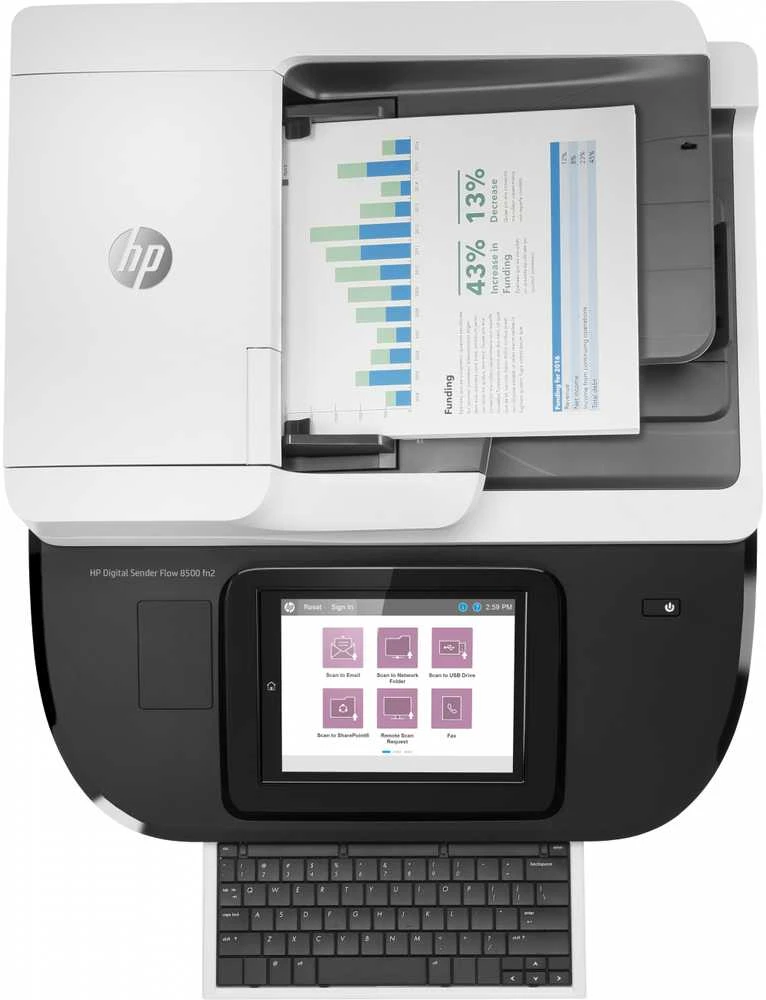 Skeneris Hewlett Packard (HP) HP Digital Sender Flow 8500 fn2 skaitytuvas / dokumentų darbo stotis – A3 spalvotas 600 dpi, plokščias / lapų tiekimo nuskaitymas, automatinis dokumentų tiektuvas, automatinis dvipusis, OCR / nuskaitymas į tekstą, 100 ppm, 10 000 puslapių per dieną