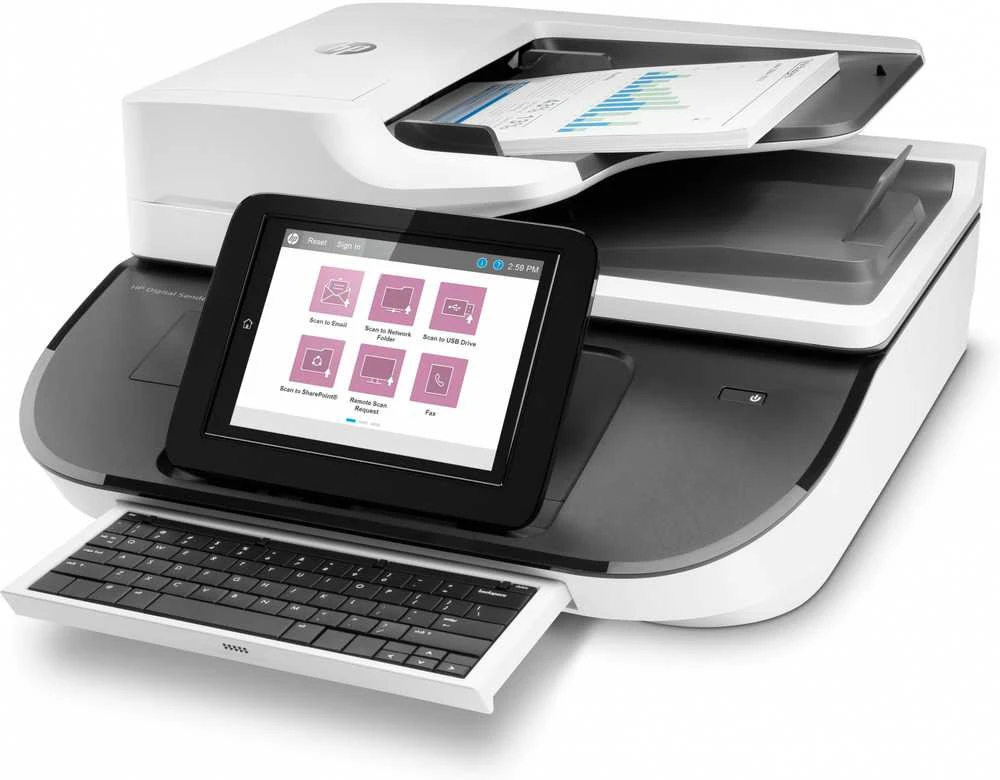 Skeneris Hewlett Packard (HP) HP Digital Sender Flow 8500 fn2 skaitytuvas / dokumentų darbo stotis – A3 spalvotas 600 dpi, plokščias / lapų tiekimo nuskaitymas, automatinis dokumentų tiektuvas, automatinis dvipusis, OCR / nuskaitymas į tekstą, 100 ppm, 10 000 puslapių per dieną