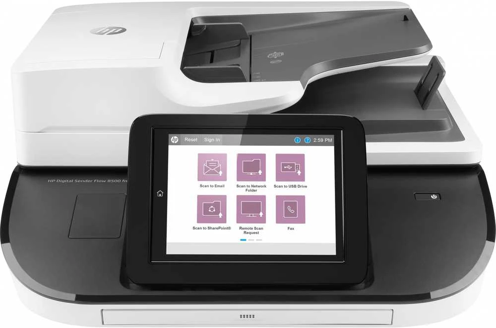 Skeneris Hewlett Packard (HP) HP Digital Sender Flow 8500 fn2 skaitytuvas / dokumentų darbo stotis – A3 spalvotas 600 dpi, plokščias / lapų tiekimo nuskaitymas, automatinis dokumentų tiektuvas, automatinis dvipusis, OCR / nuskaitymas į tekstą, 100 ppm, 10 000 puslapių per dieną