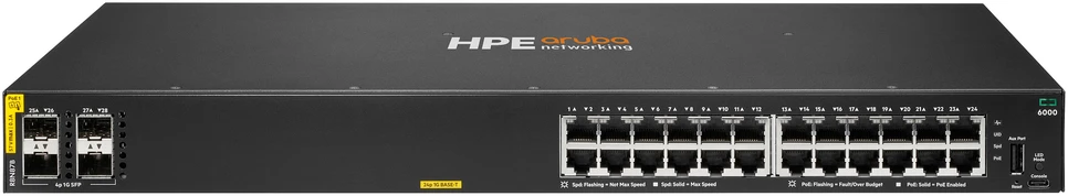 Šakotuvas Hewlett Packard (HP) HPE „Aruba Networking CX 6000“ 24p 10M/100M/1G Class4 PoE 4p SFP 1G 370W komutatorius, ES, en