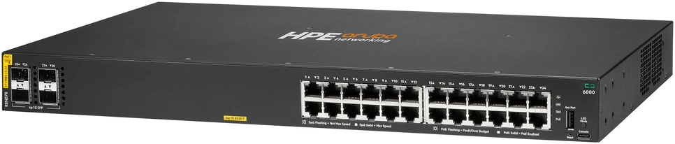 Šakotuvas Hewlett Packard (HP) HPE „Aruba Networking CX 6000“ 24p 10M/100M/1G Class4 PoE 4p SFP 1G 370W komutatorius, ES, en