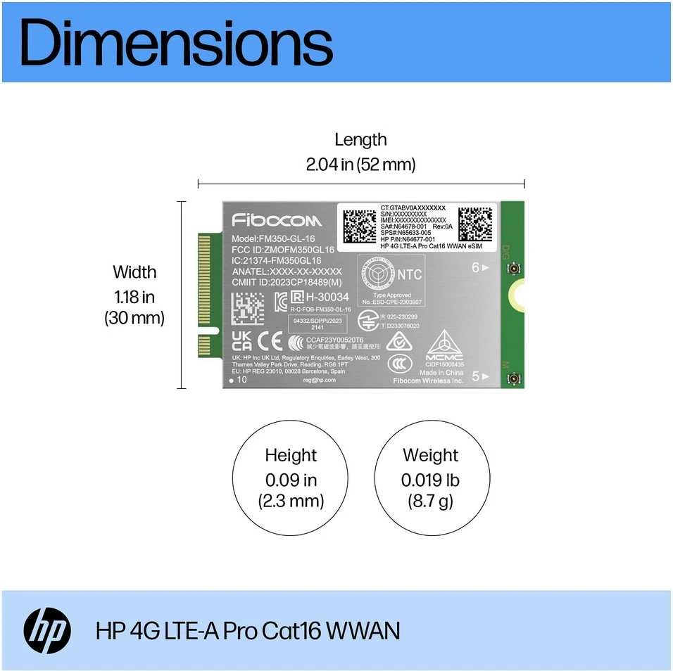 HP 4G LTE modemas m.2 WWAN Cat 16 L860-GL-16 Mobile Broadband Cellular (suderinamas su WWAN parengtu EliteBook 630 640 645 660 665 830 835 840 845 860 865 1040 40 40 1040 465 G11, ZBook Firefly Fury Power 14 16 G11 G11A)
