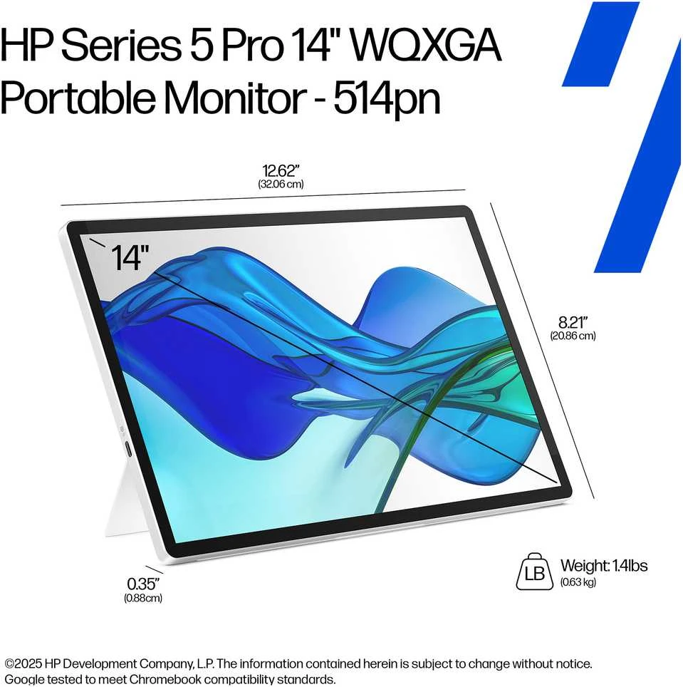 HP 514pn 5 serijos „Pro“ nešiojamasis monitorius – 14,36 colio, 2560 x 1600 WQXGA, 16:10, 75 Hz, 400 nitų AG, IPS, 2 USB-C, pakreipimo funkcija, 3 matmenys (pakeičia E14 G4)
