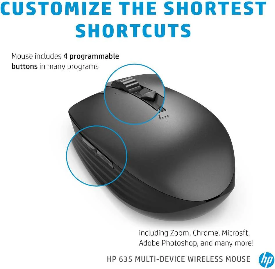 Hewlett Packard (HP) HP 635 belaidė pelė – daugiafunkcinė, dviejų režimų, programuojama, 4 krypčių slinkties, daugiapaviršė – juoda