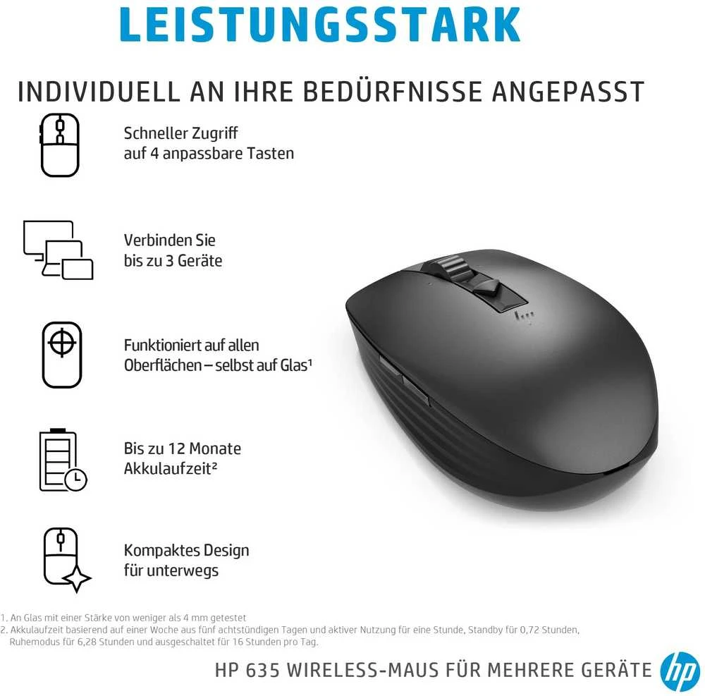 Hewlett Packard (HP) HP 635 belaidė pelė – daugiafunkcinė, dviejų režimų, programuojama, 4 krypčių slinkties, daugiapaviršė – juoda