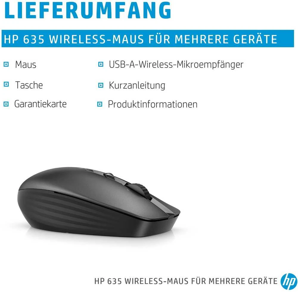 Hewlett Packard (HP) HP 635 belaidė pelė – daugiafunkcinė, dviejų režimų, programuojama, 4 krypčių slinkties, daugiapaviršė – juoda
