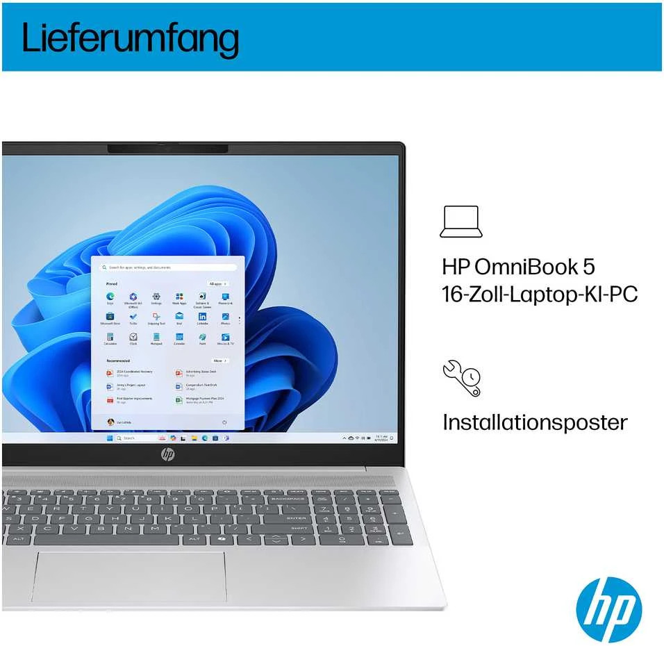 Nešiojamas kompiuteris HP OmniBook 5 16-af1173ng 16 colių įstrižainės WUXGA IPS ekranas, Intel Core Ultra 7 255U procesorius, 16 GB RAM, 512 GB SSD, Windows 11