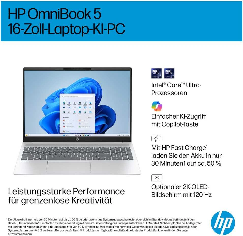 Nešiojamas kompiuteris HP OmniBook 5 16-af1173ng 16 colių įstrižainės WUXGA IPS ekranas, Intel Core Ultra 7 255U procesorius, 16 GB RAM, 512 GB SSD, Windows 11