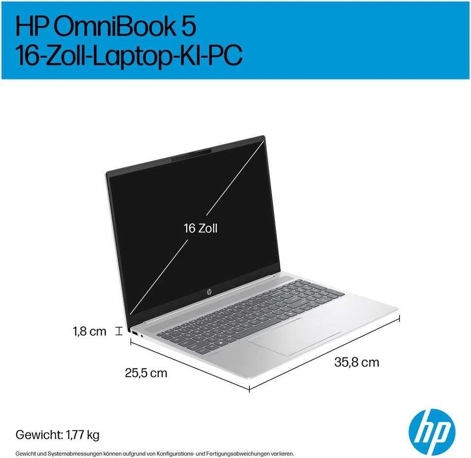 Nešiojamas kompiuteris HP OmniBook 5 16-af1173ng 16 colių įstrižainės WUXGA IPS ekranas, Intel Core Ultra 7 255U procesorius, 16 GB RAM, 512 GB SSD, Windows 11