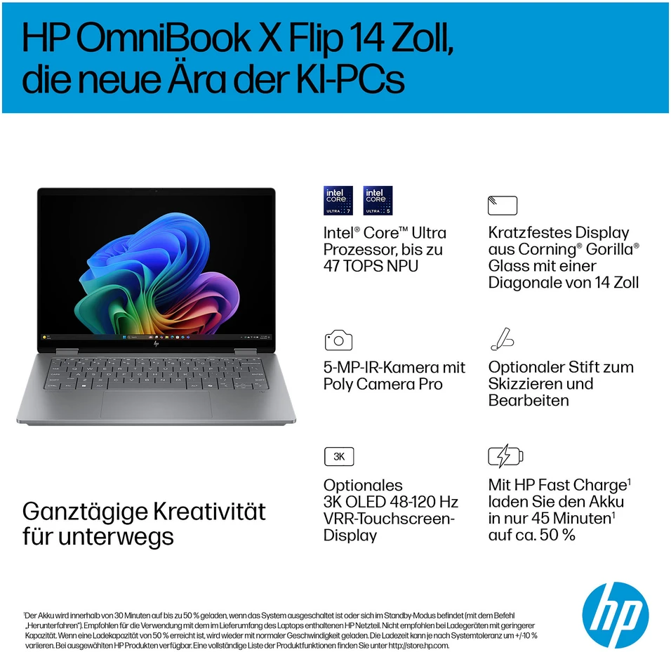 Nešiojamas kompiuteris HP OmniBook X Flip 14-fm0153ng 14,0" WUXGA IPS lietimui jautrus ekranas, Intel Core Ultra 5 226V procesorius, 16 GB RAM, 512 GB SSD, Windows 11