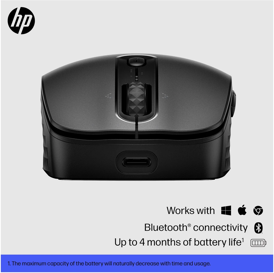 HP 695 Wireless Bluetooth Pelė – belaidis Qi-įkrovimas, programuojamas, 4 krypčių slinkimas – Juodas