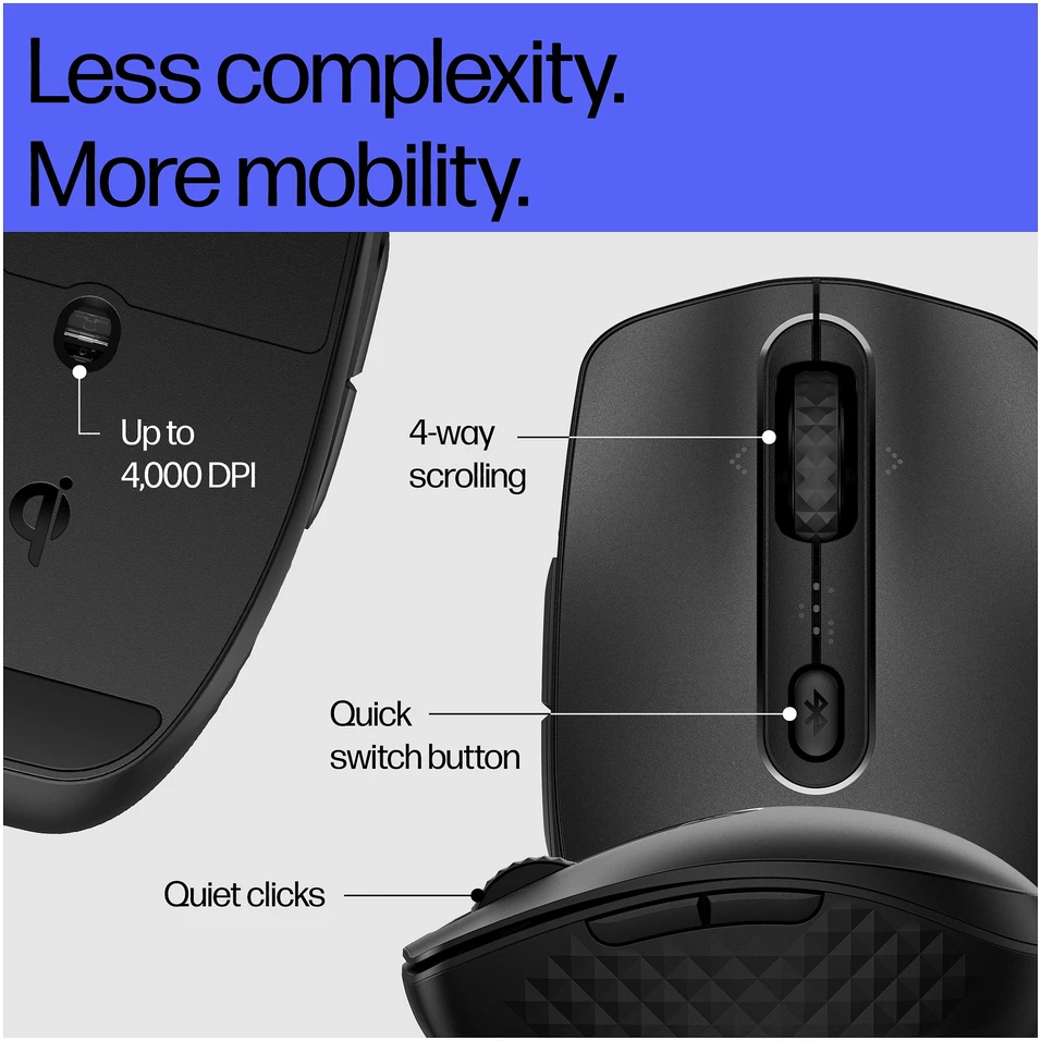 HP 695 Wireless Bluetooth Pelė – belaidis Qi-įkrovimas, programuojamas, 4 krypčių slinkimas – Juodas