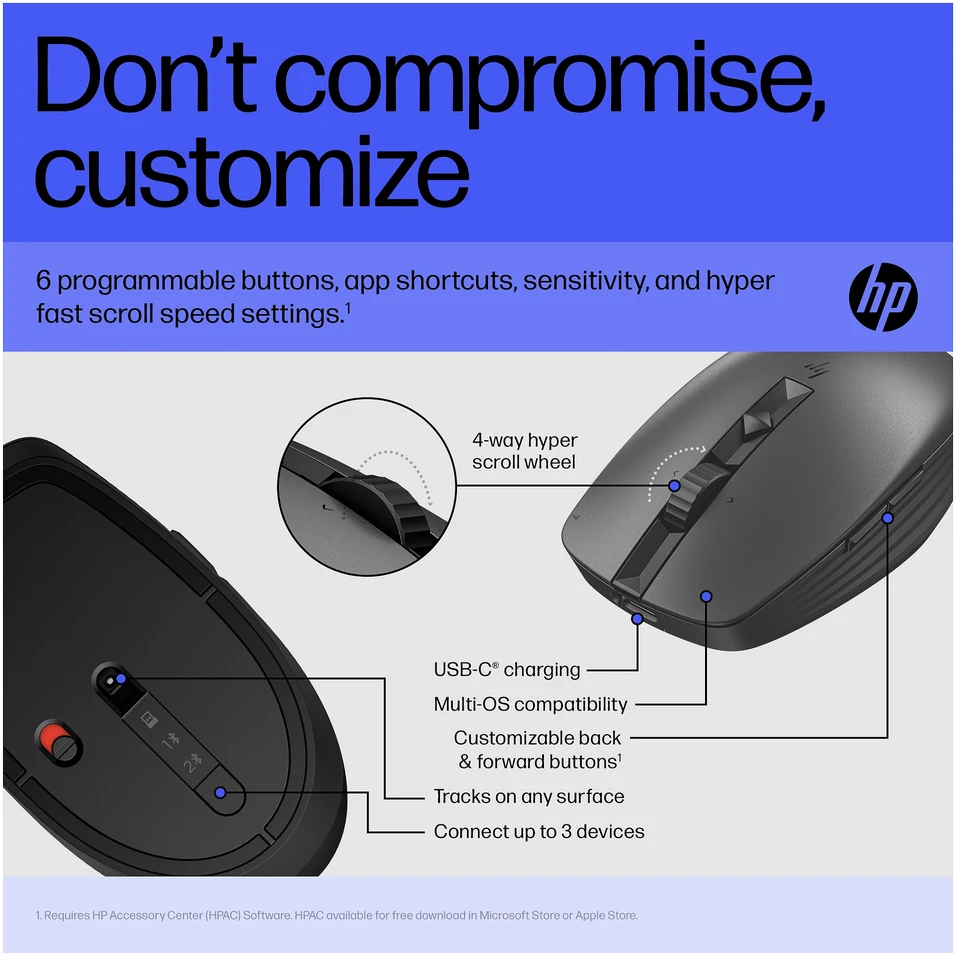 Hewlett Packard (HP) HP 715 Belaidė „Bluetooth“ pelė – daugiafunkcinė, programuojama, 4 krypčių slinkties, įkraunama – juoda