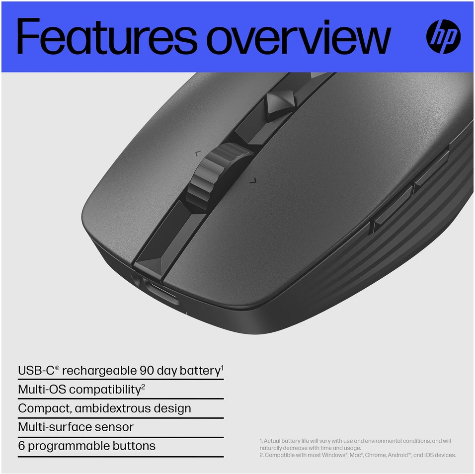 Hewlett Packard (HP) HP 715 Belaidė „Bluetooth“ pelė – daugiafunkcinė, programuojama, 4 krypčių slinkties, įkraunama – juoda