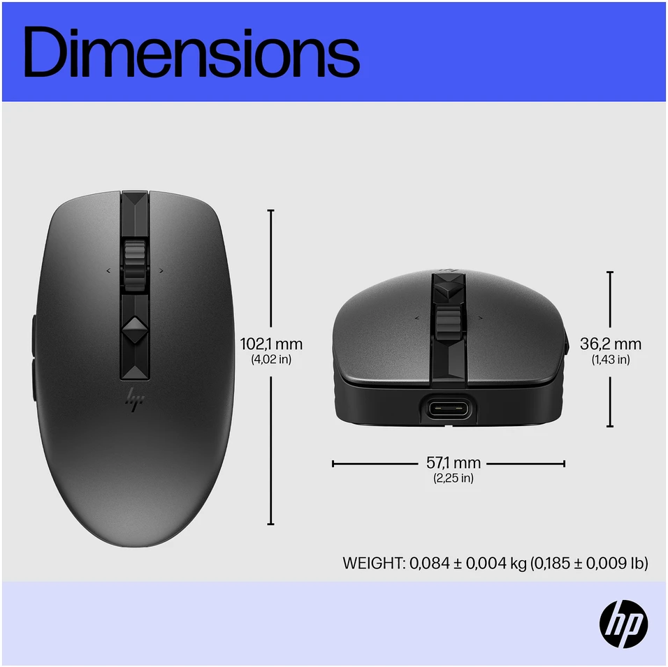 Hewlett Packard (HP) HP 715 Belaidė „Bluetooth“ pelė – daugiafunkcinė, programuojama, 4 krypčių slinkties, įkraunama – juoda