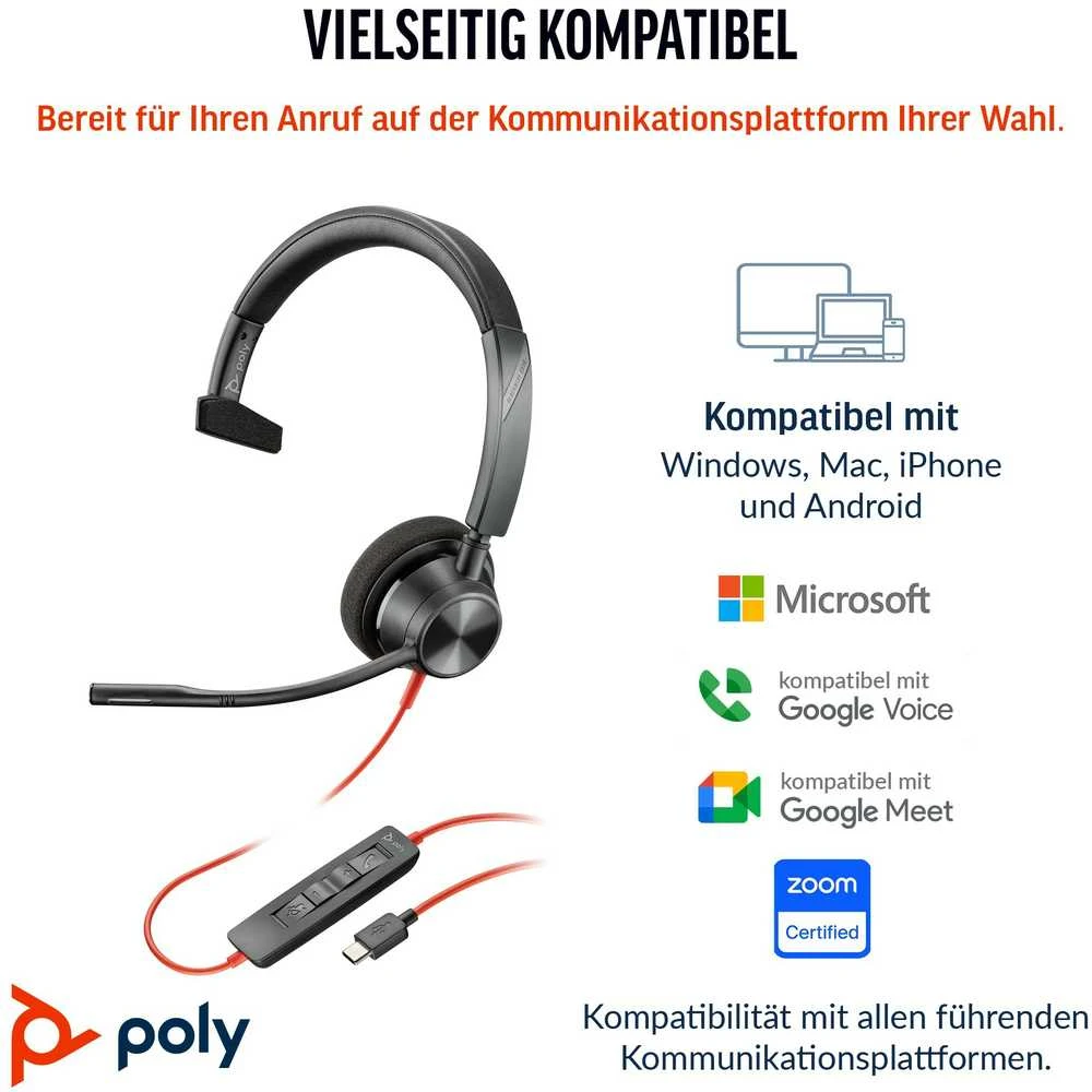 Ausinės POLY Blackwire 3310 Microsoft Teams sertifikuota ausinė + USB-C/A adapteris TAA