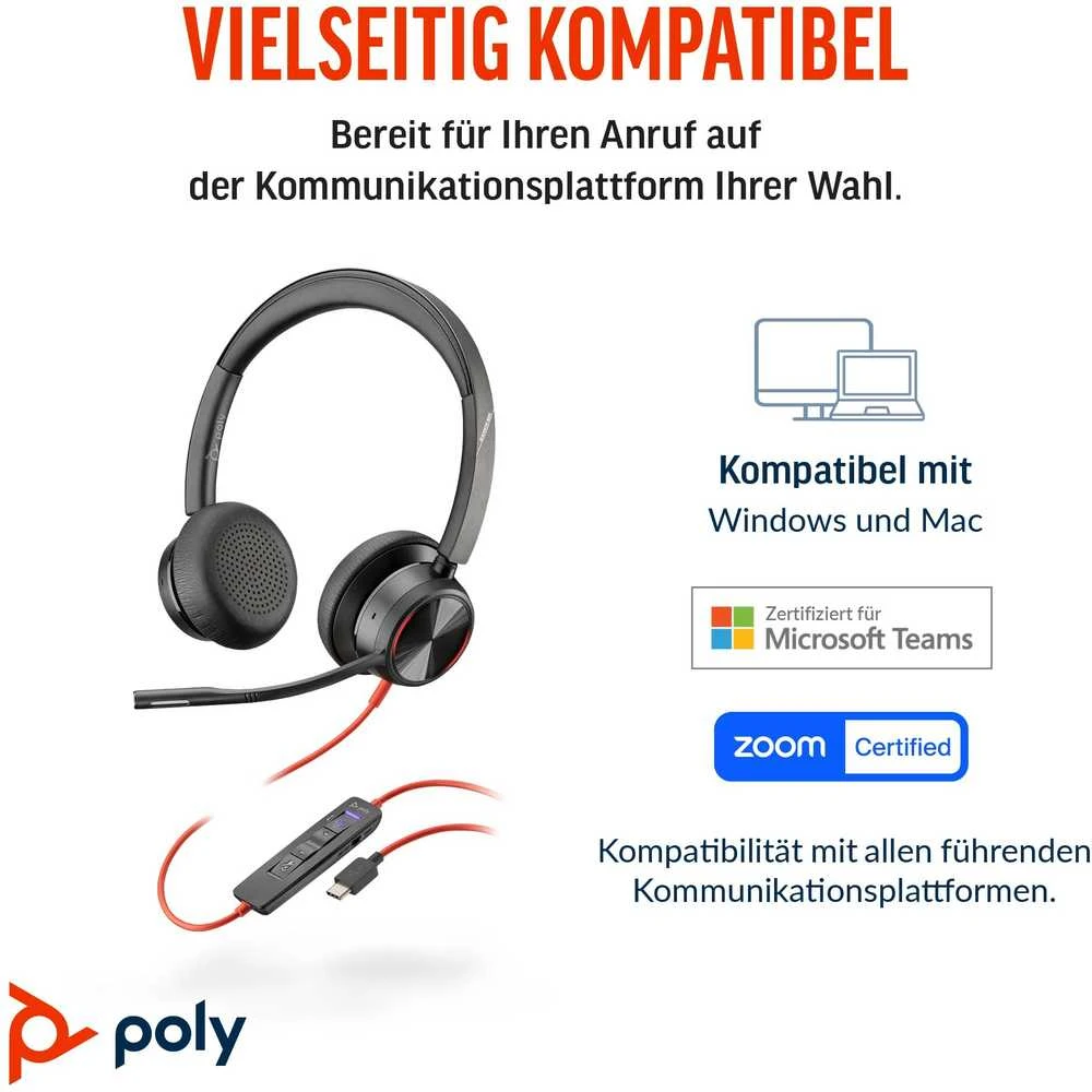 Hewlett Packard (HP) HP Poly Blackwire 8225 stereofoninis Microsoft Teams sertifikuotas USB-C Ausinės +USB-C/A adapteris