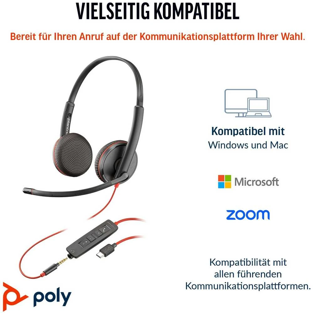 Hewlett Packard (HP) HP „Poly Blackwire 3225“ stereo USB-C ausinės + 3,5 mm kištukas + USB-C/A adapteris (didmeninė prekyba) (209747-201/209751-201)