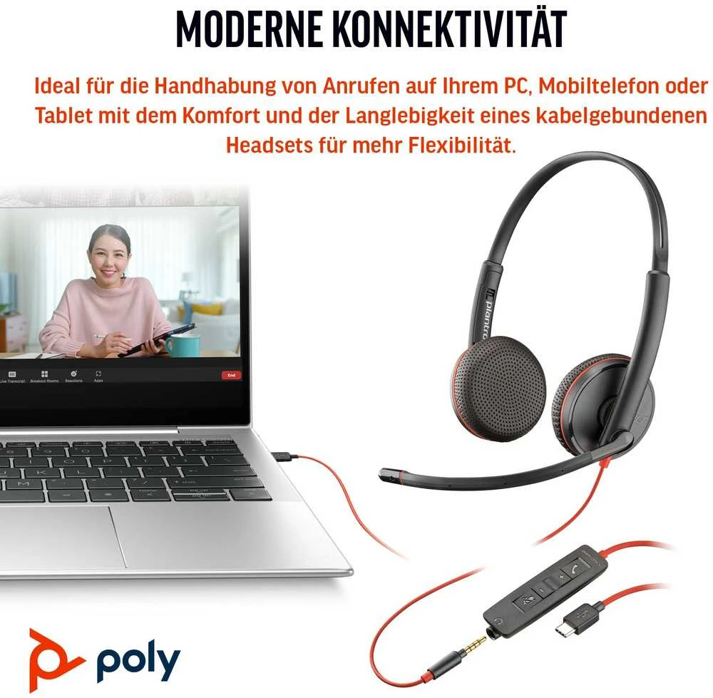 Hewlett Packard (HP) HP „Poly Blackwire 3225“ stereo USB-C ausinės + 3,5 mm kištukas + USB-C/A adapteris (didmeninė prekyba) (209747-201/209751-201)