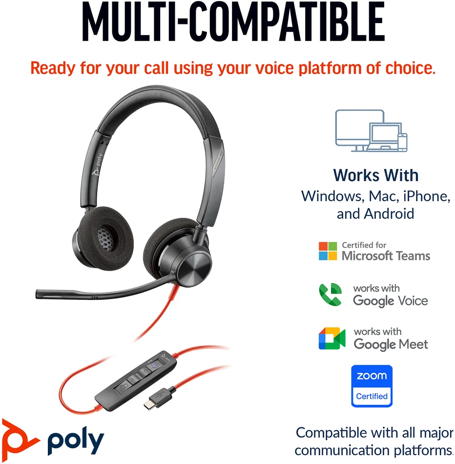 Hewlett Packard (HP) HP Poly Blackwire 3320 stereo ausinės su Microsoft Teams sertifikatu, USB-C + USB-C/A adapteris