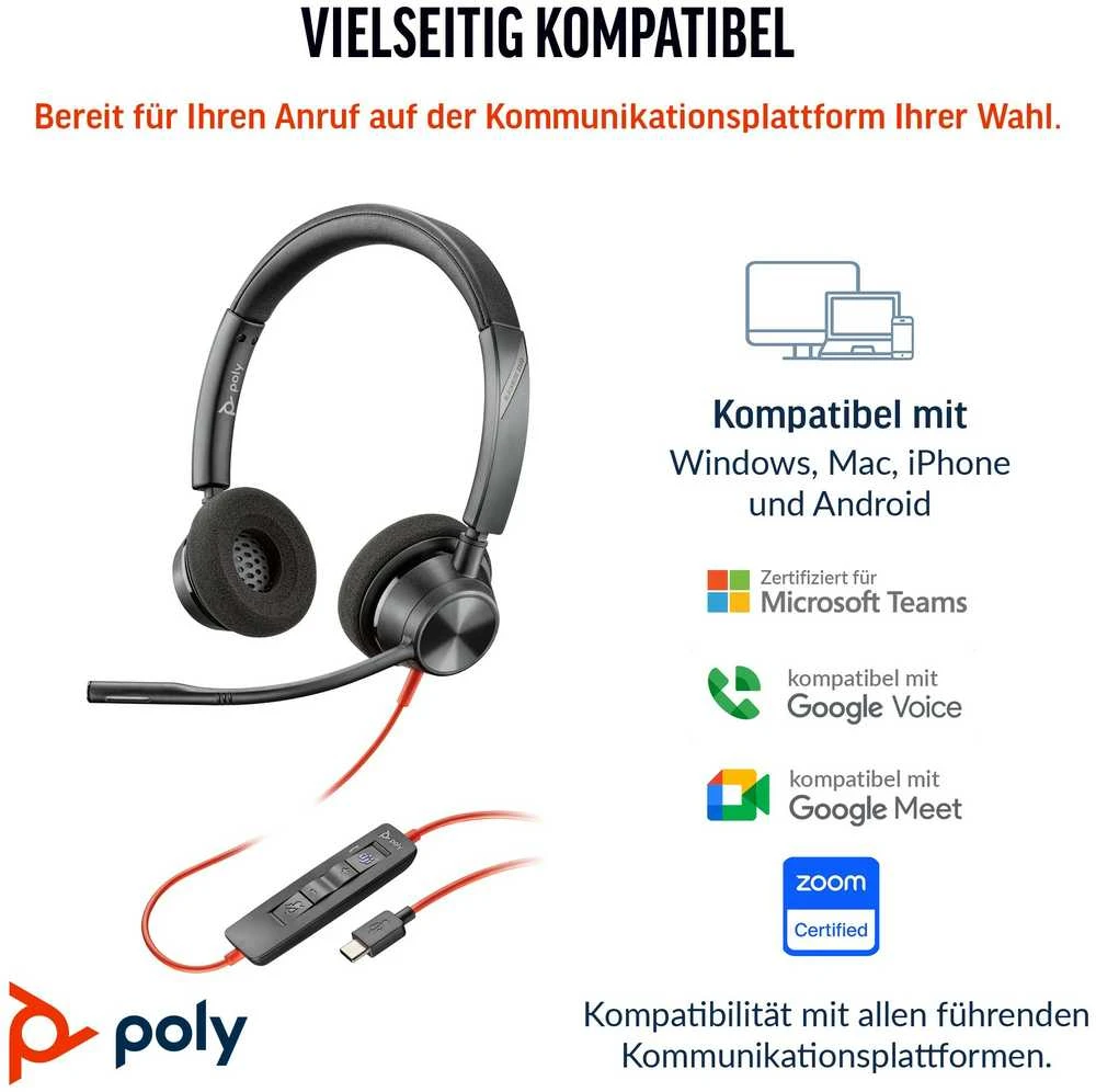 Hewlett Packard (HP) HP Poly Blackwire 3320 stereofoninis Microsoft Teams sertifikuotas USB-C Ausinės +USB-C/A adapteris