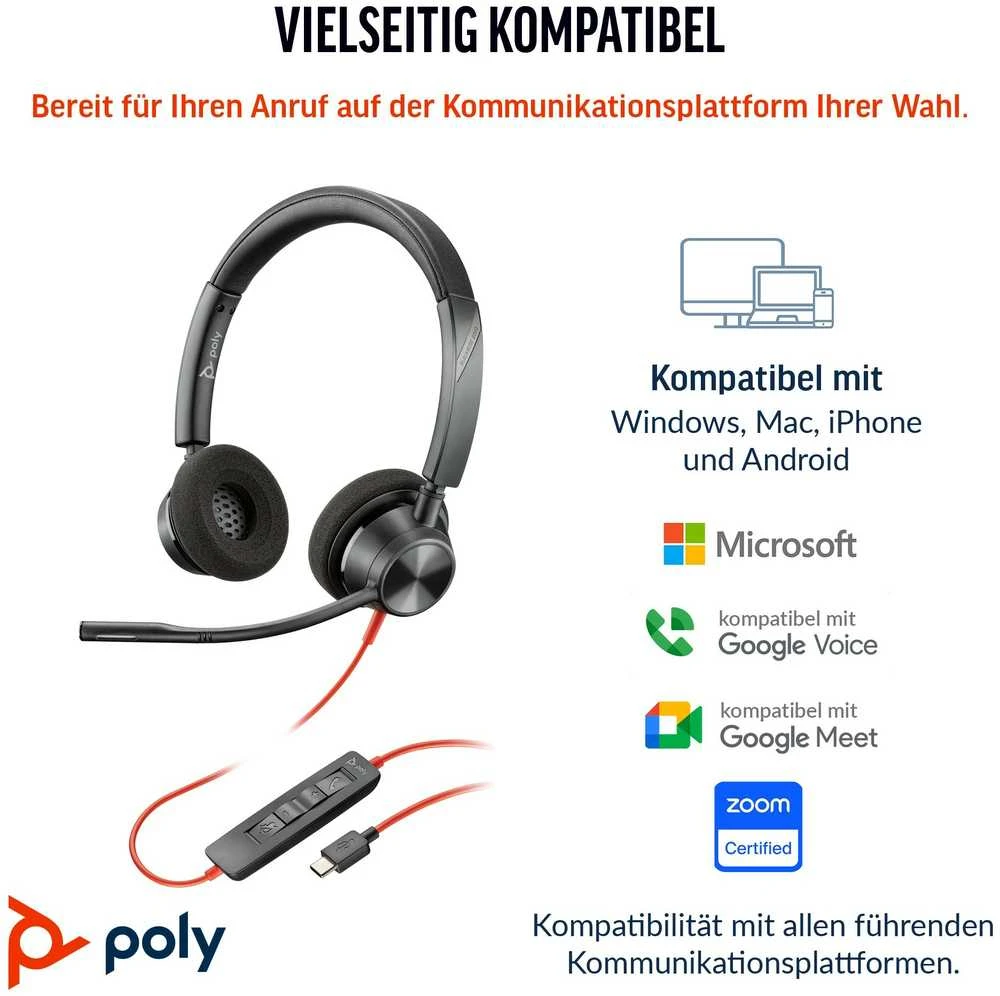 HP Poly Blackwire 3320 laidinės stereo ausinės su USB-C į USB-A adapteriu (8X219AA)