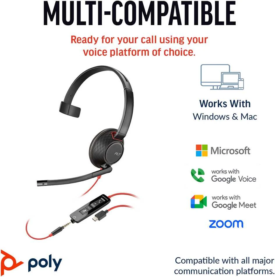 Hewlett Packard (HP) „Poly Blackwire 5210“ USB-C laidas + 3,5 mm kabelis + USB-C/A laidas