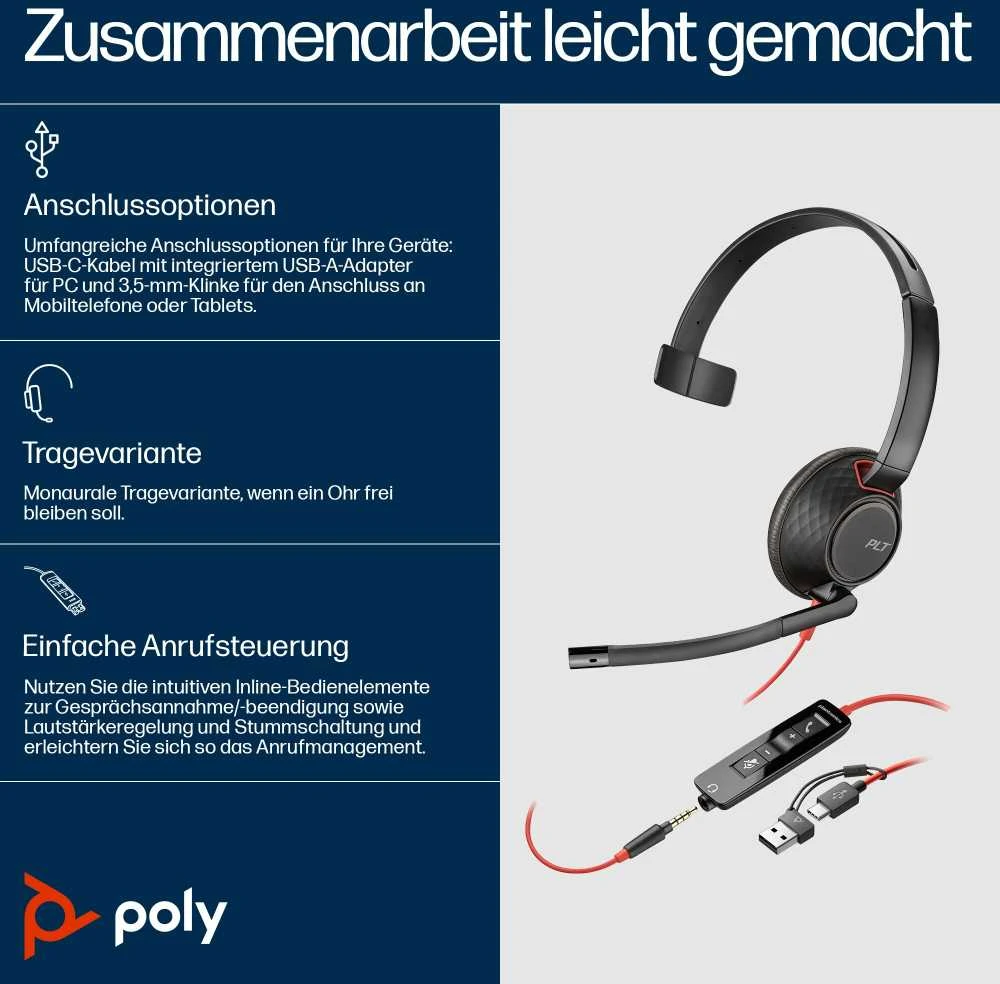 Hewlett Packard (HP) „Poly Blackwire 5210“ USB-C laidas + 3,5 mm kabelis + USB-C/A laidas