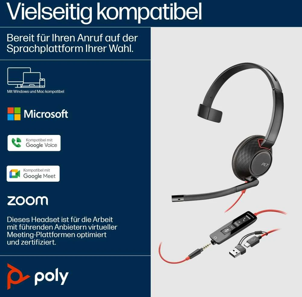 Poly Blackwire 5210 ausinės su suderinamumo piktogramomis