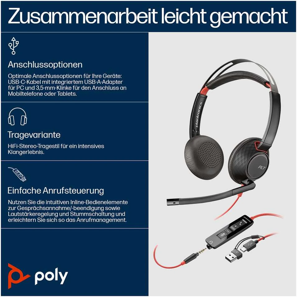 HP Poly Blackwire 5220 Stereo USB-C Ausinės +3.5mm Plug +USB-C/A Adapteris