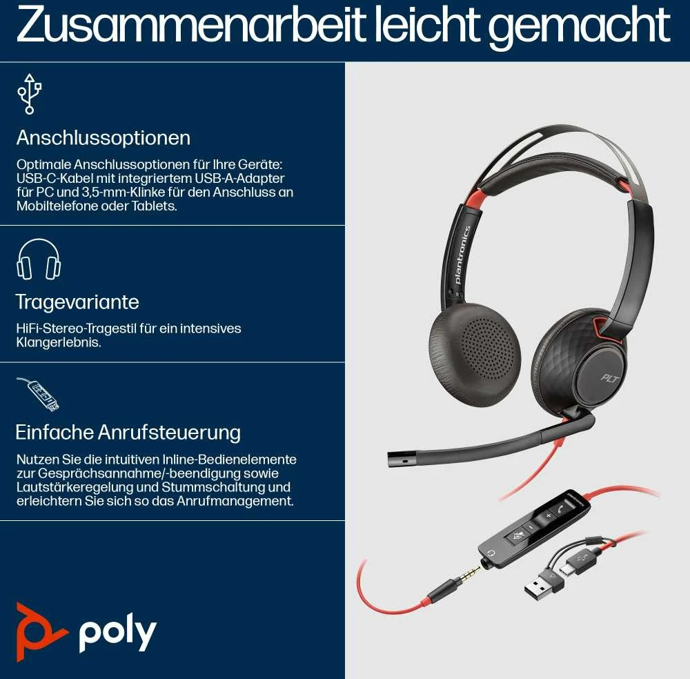Hewlett Packard (HP) Poly Blackwire 5220 Stereo USB-C Ausinės +3.5mm Plug +USB-C/A Adapteris (207576-201)
