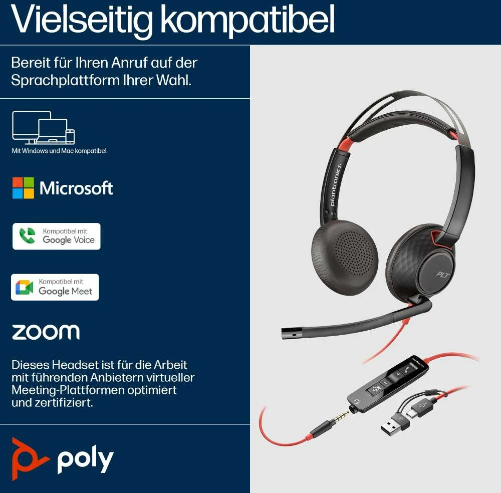 Hewlett Packard (HP) Poly Blackwire 5220 Stereo USB-C Ausinės +3.5mm Plug +USB-C/A Adapteris (207576-201)