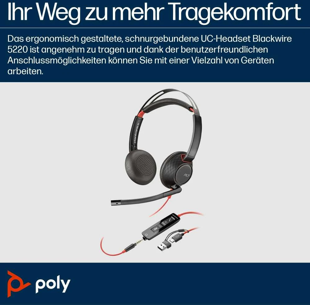 Hewlett Packard (HP) Poly Blackwire 5220 Stereo USB-C Ausinės +3.5mm Plug +USB-C/A Adapteris (207576-201)
